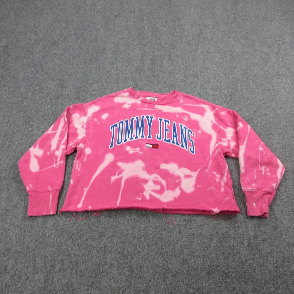 Tommy Jeans Sweatshirt Womens Large Pink Tie Dye Cropped Fleece Logo Pullover‎